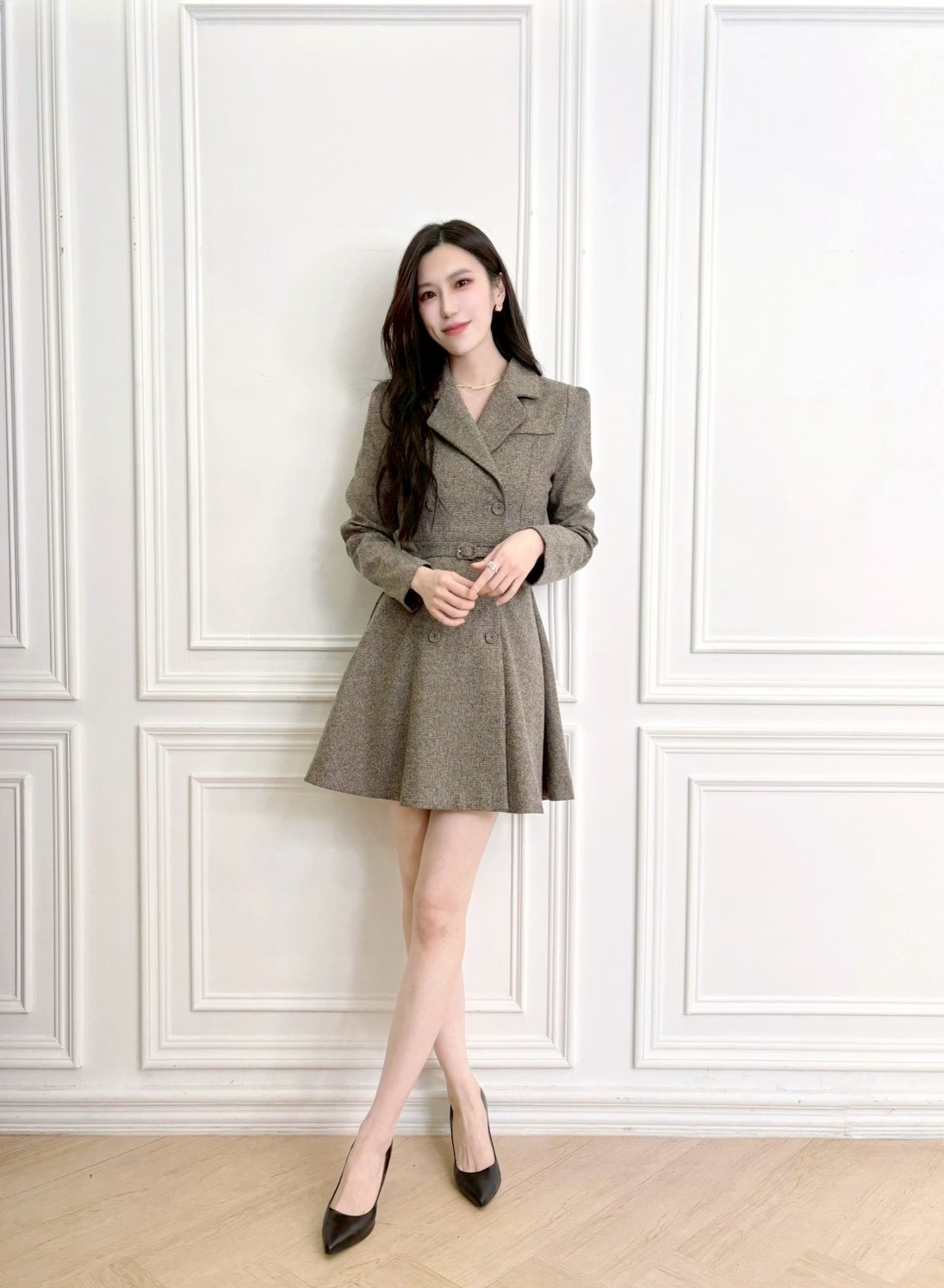 翻領織紋毛料雙排釦腰帶傘洋