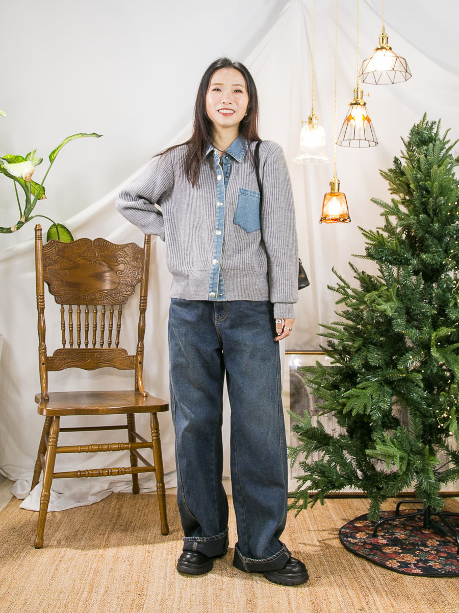 全開胸啪鈕．牛仔邊．毛毛冷料TOP