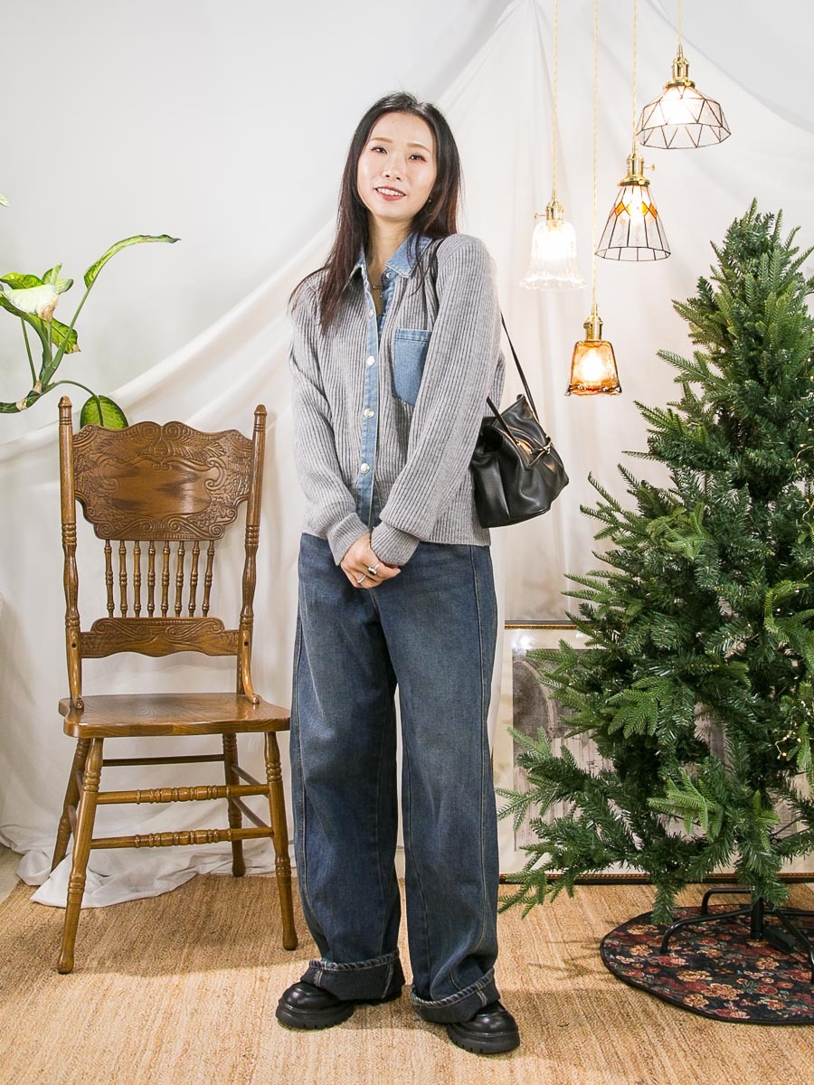 全開胸啪鈕．牛仔邊．毛毛冷料TOP