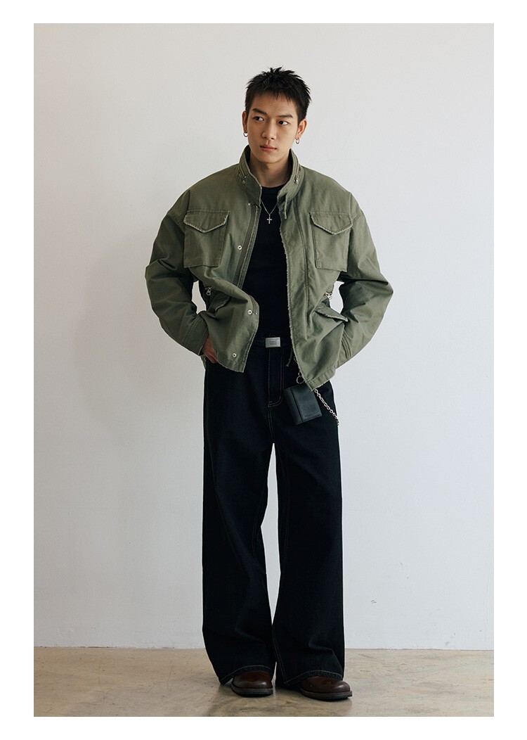 代購-<德國品牌>NO/FAITH 復古 橫斷竹節棉 羊羔絨 M65立領寬松 工裝外套 男女同款 綠