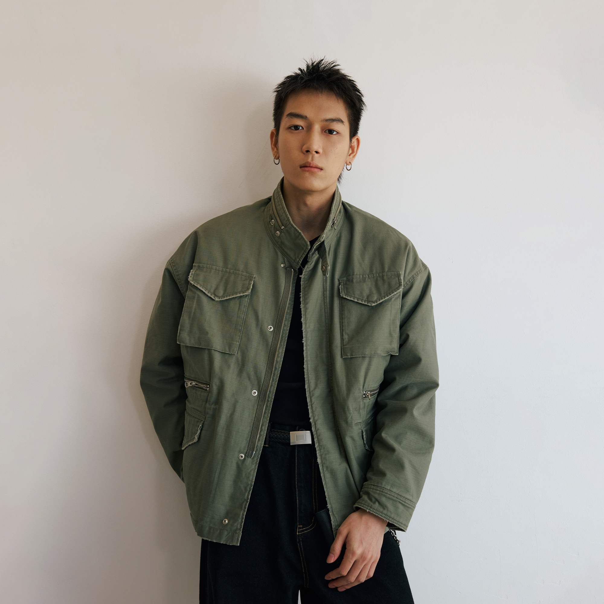 代購-<德國品牌>NO/FAITH 復古 橫斷竹節棉 羊羔絨 M65立領寬松 工裝外套 男女同款 黑/綠