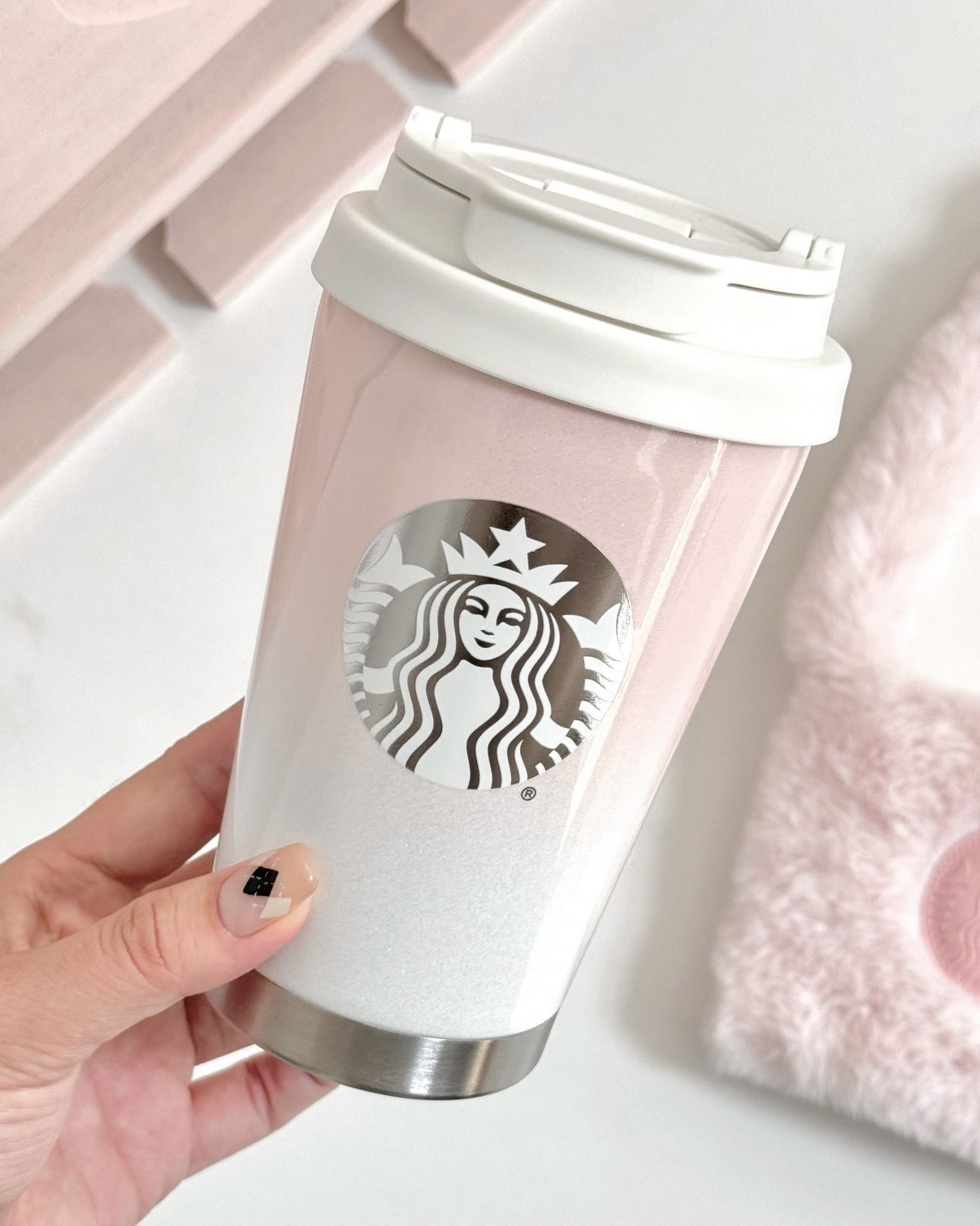 STARBUCKS 星巴克 粉白漸變 淡粉 柔粉 不鏽鋼隨行杯 保溫杯 絨毛杯套 / 預購