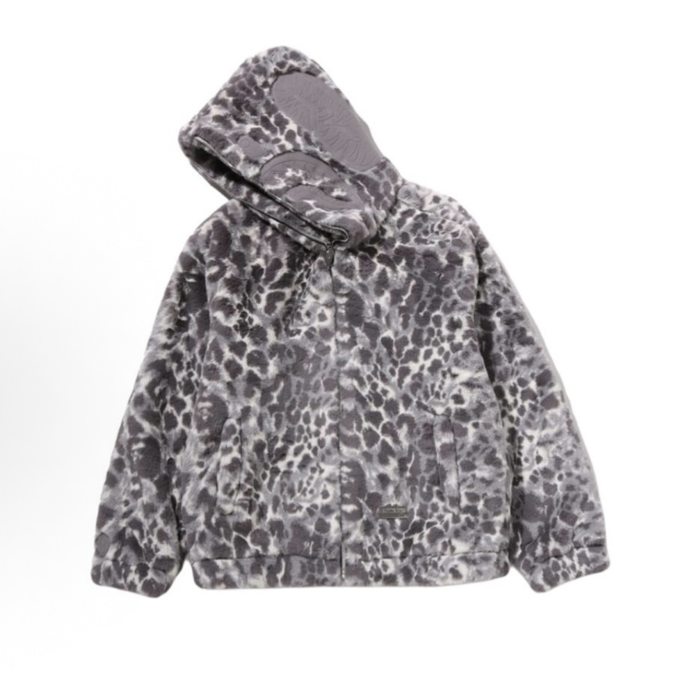 -(B023)-A BATHING APE WILD LEOPARD PATTERN FAUX FUR SHARK FULL ZIP JACKET BAPE 豹紋 皮草 鯊魚外套 白-001HJL801304M