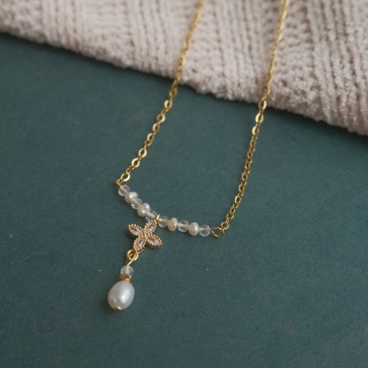 霜粉花曦 水晶天然珍珠 鈦鋼項鍊 獨家設計款