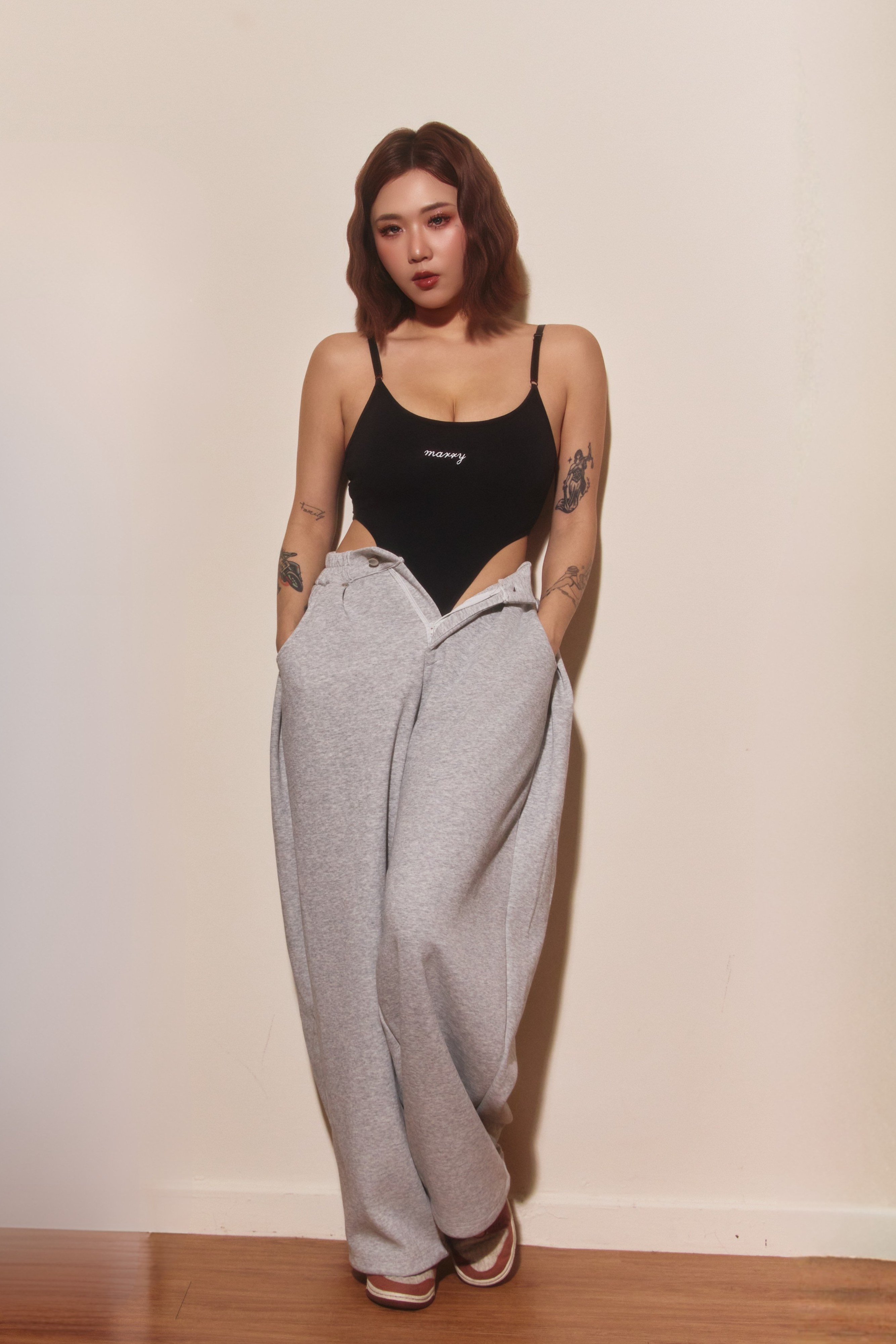 銀扣收腹彎刀棉褲｜男女可穿-灰