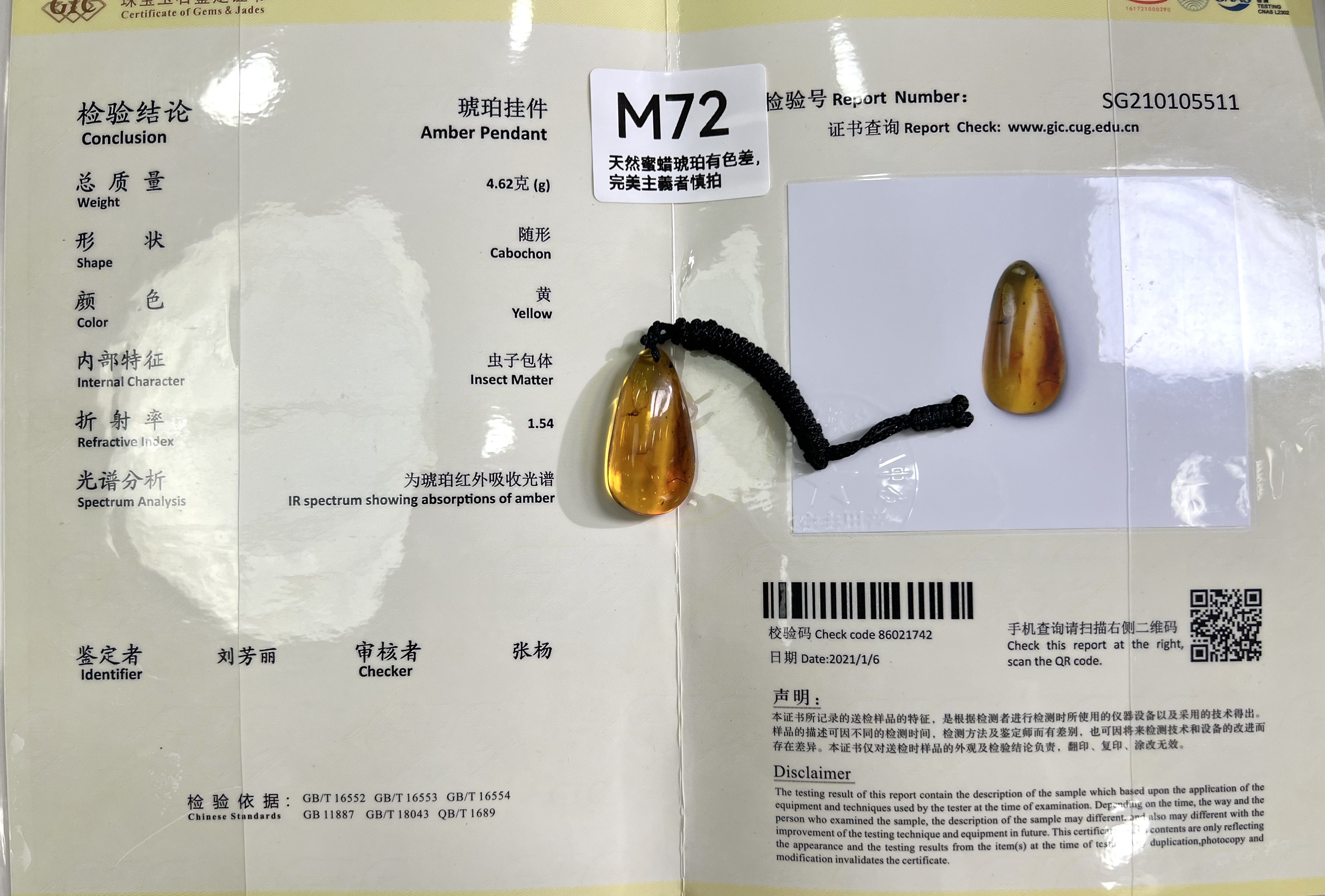 RU072 M72 蟲珀吊墜 19.7*37.8*11mm