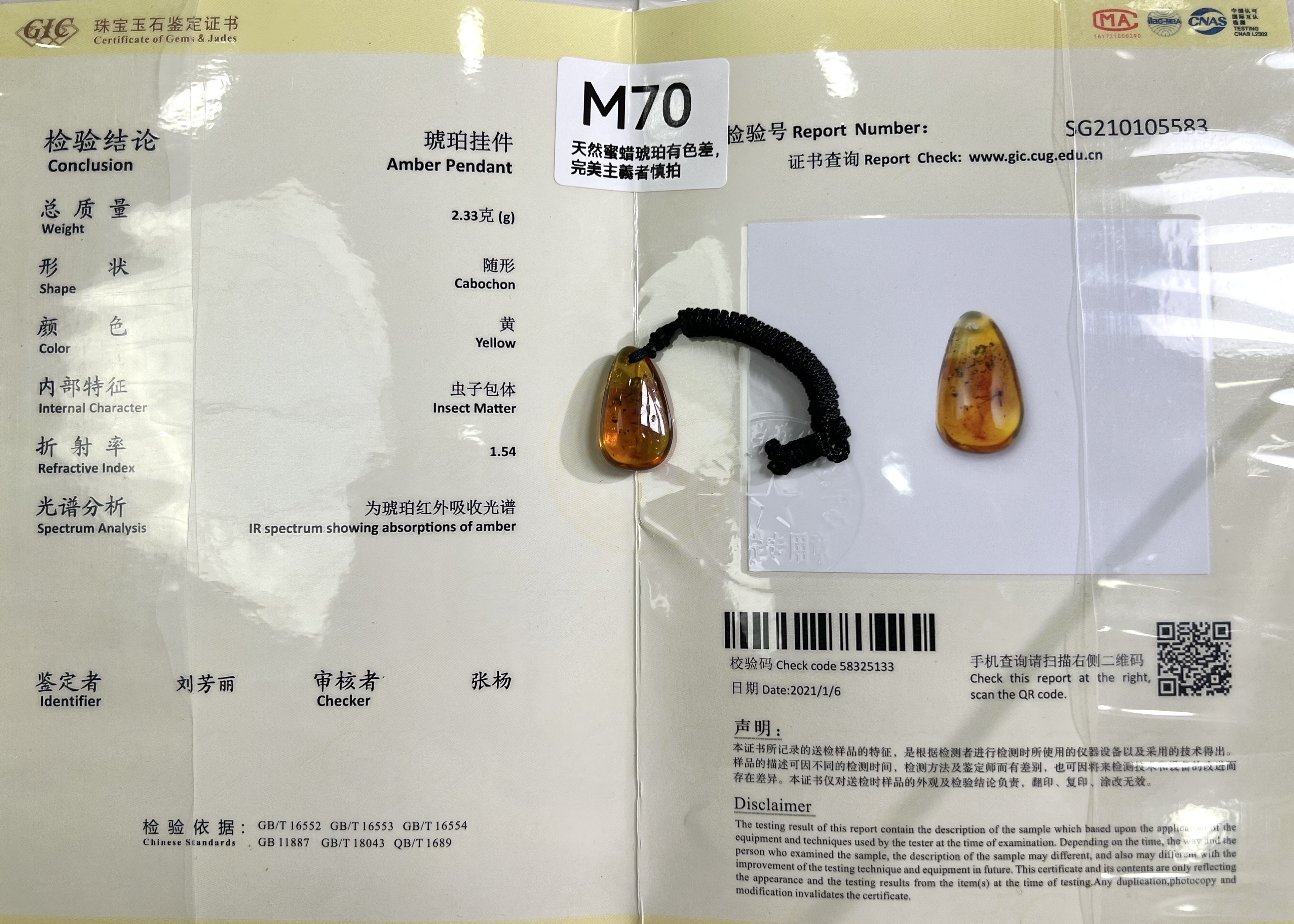 RU070 M70 蟲珀吊墜 16.5*28.2*9.3mm