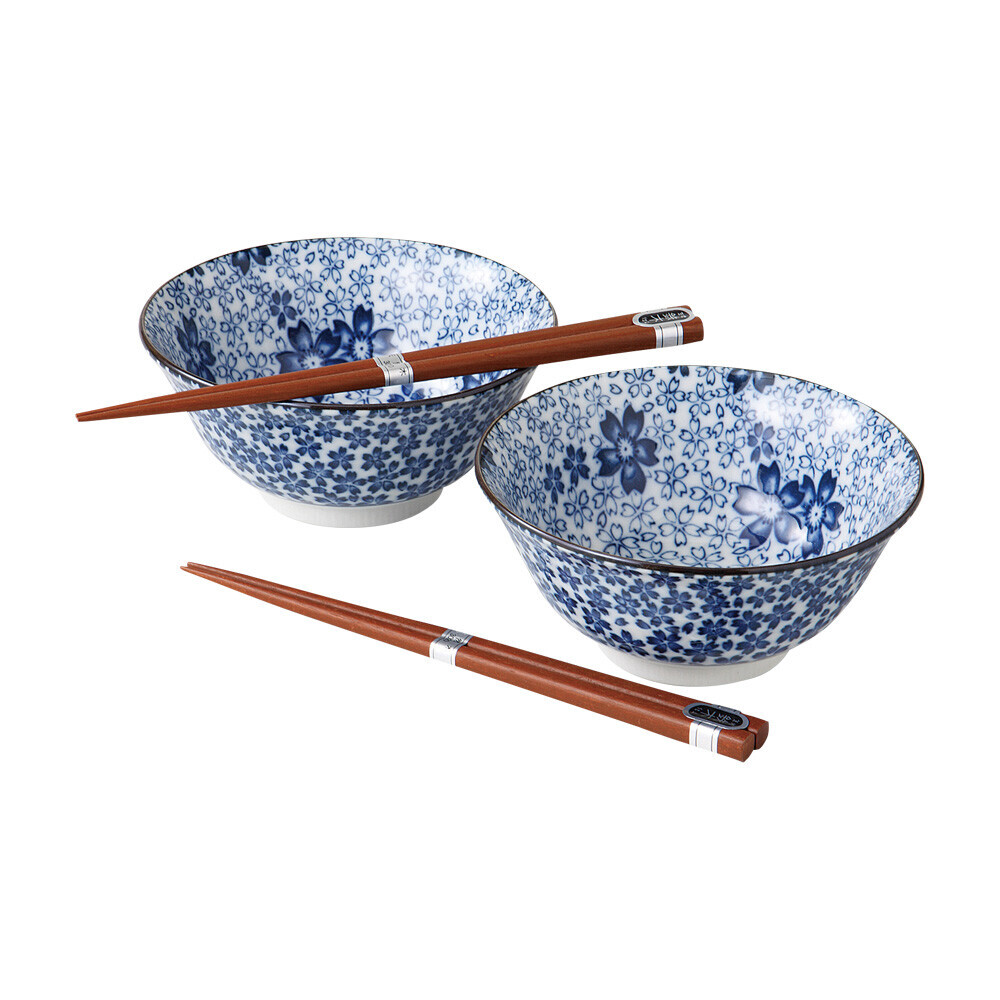 日本美濃燒陶瓷藍櫻花瓦碗連筷子套裝 (日本製)
