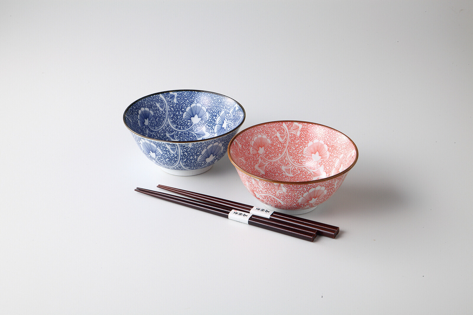 日本美濃燒陶瓷銀杏藍紅瓦碗連筷子套裝 (日本製)