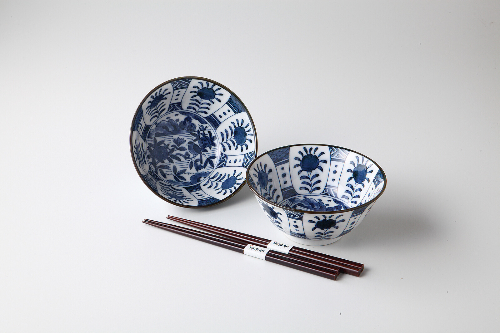 日本美濃燒陶瓷間取花鳥瓦碗連筷子套裝 (日本製)