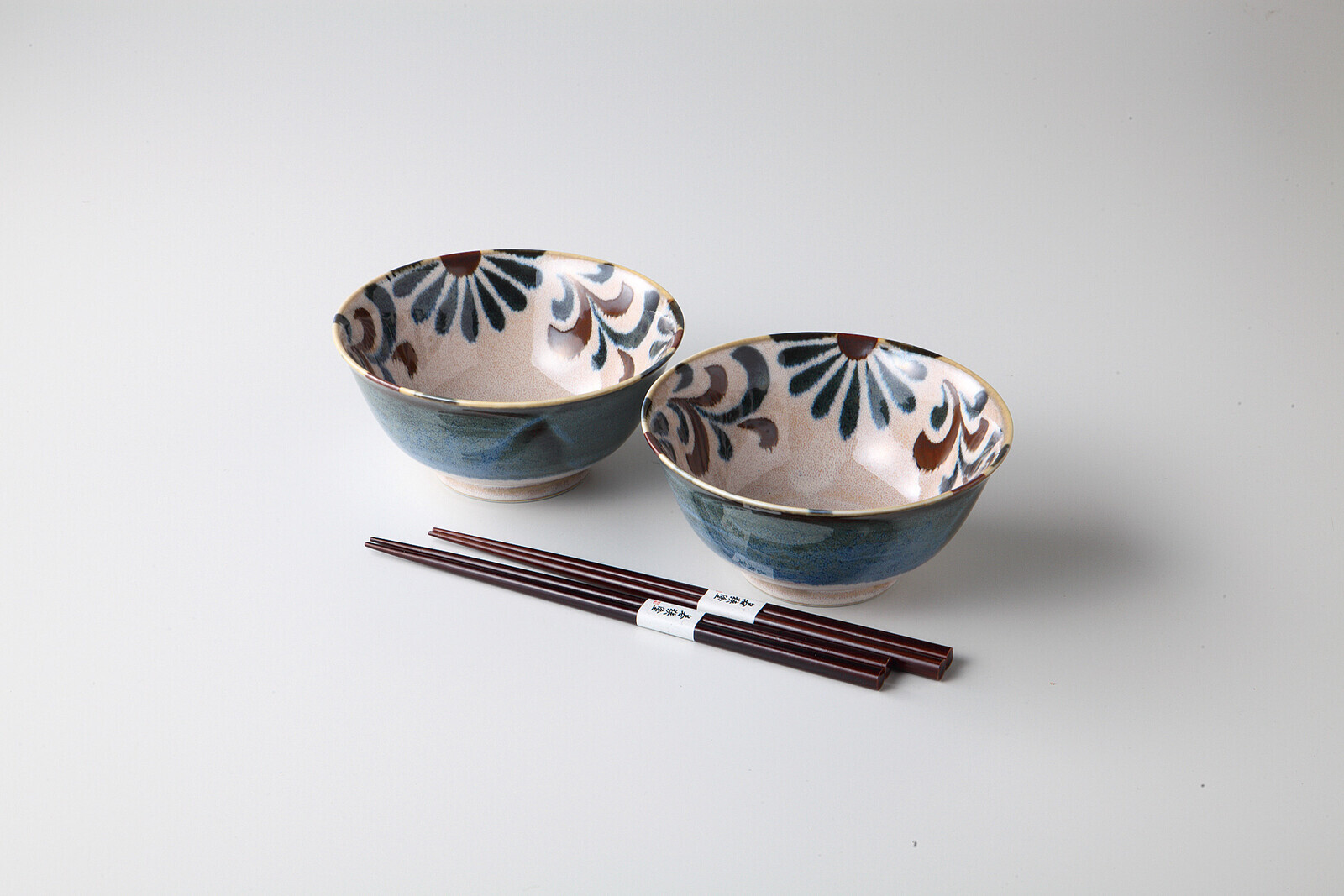 日本美濃燒陶瓷草花瓦碗連筷子套裝 (日本製)