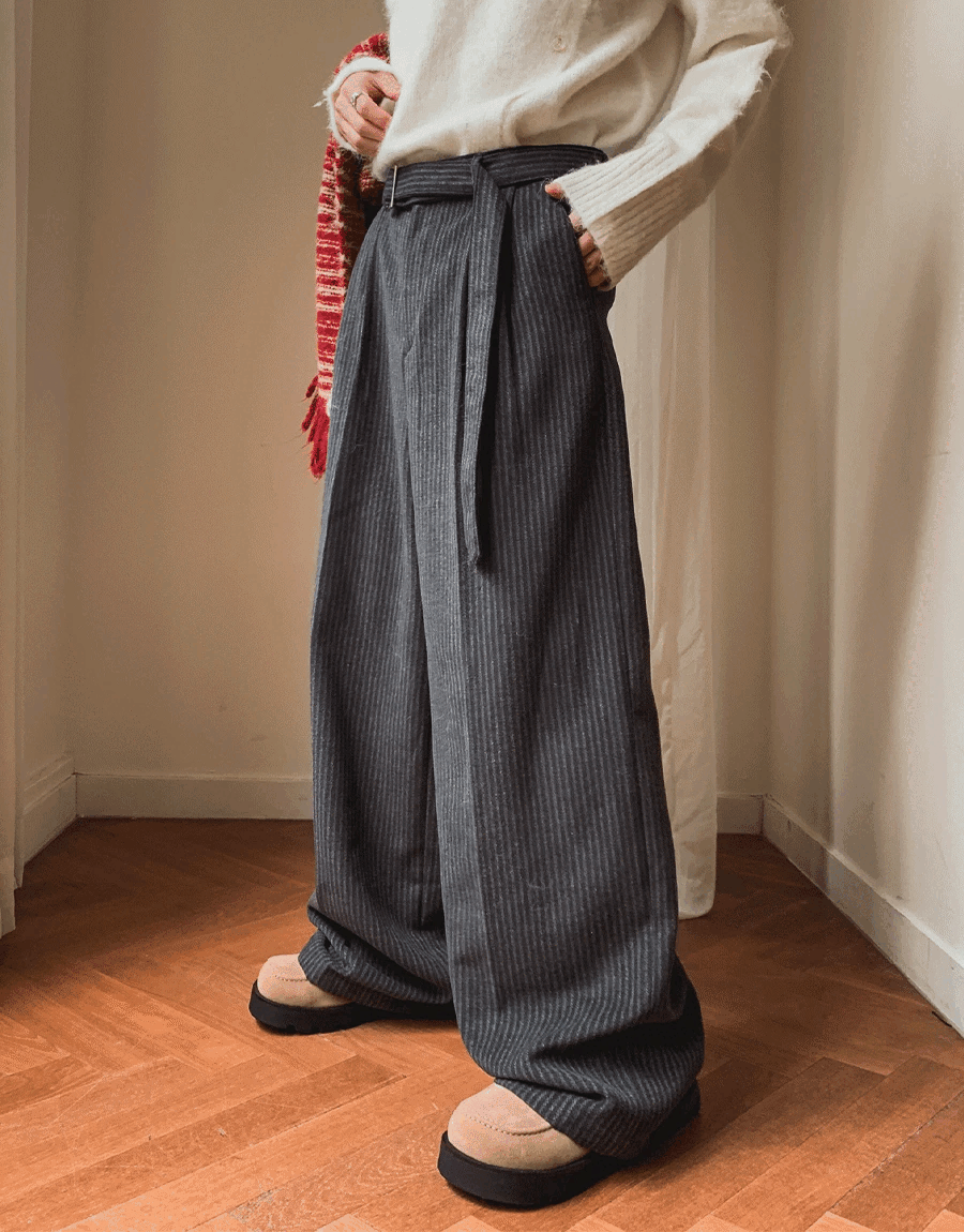 羊毛條紋寬褲