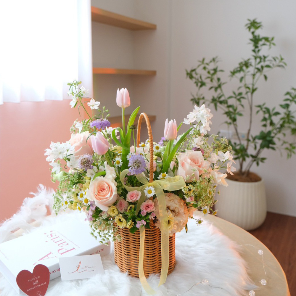 韓式鮮花提籃盆花 / 霧感粉橘