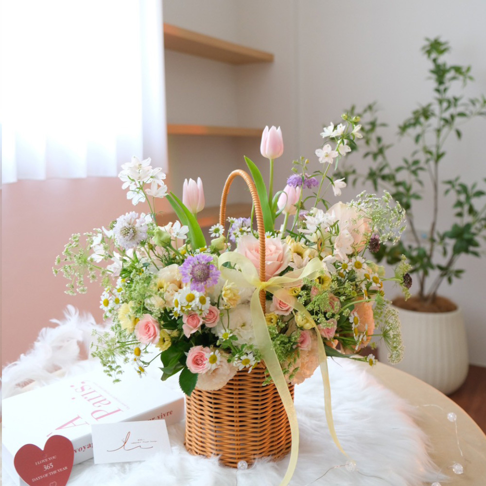 韓式鮮花提籃盆花 / 霧感粉橘