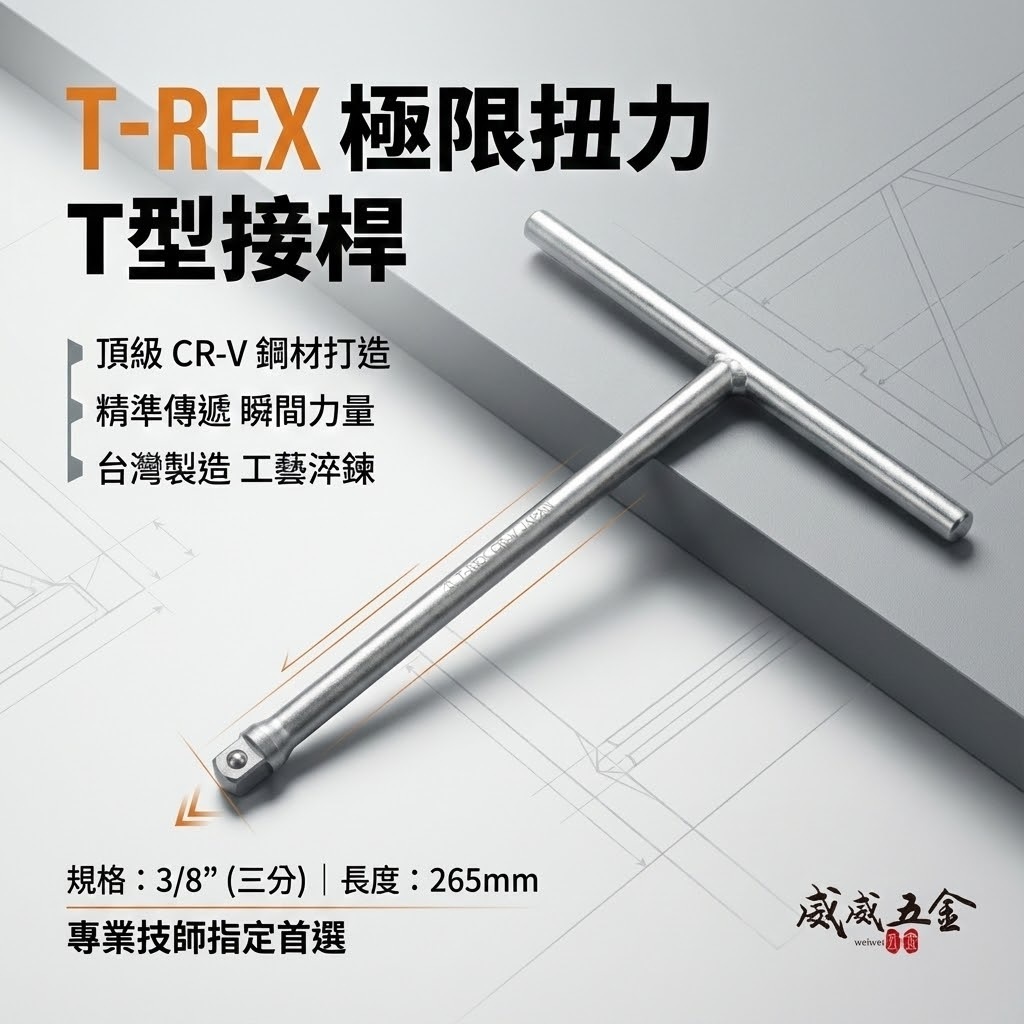 T-REX JAPAN｜T桿 套筒板手 T型套筒接桿｜規格 3/8" 三分 3分長265mm｜台灣製 CR-V