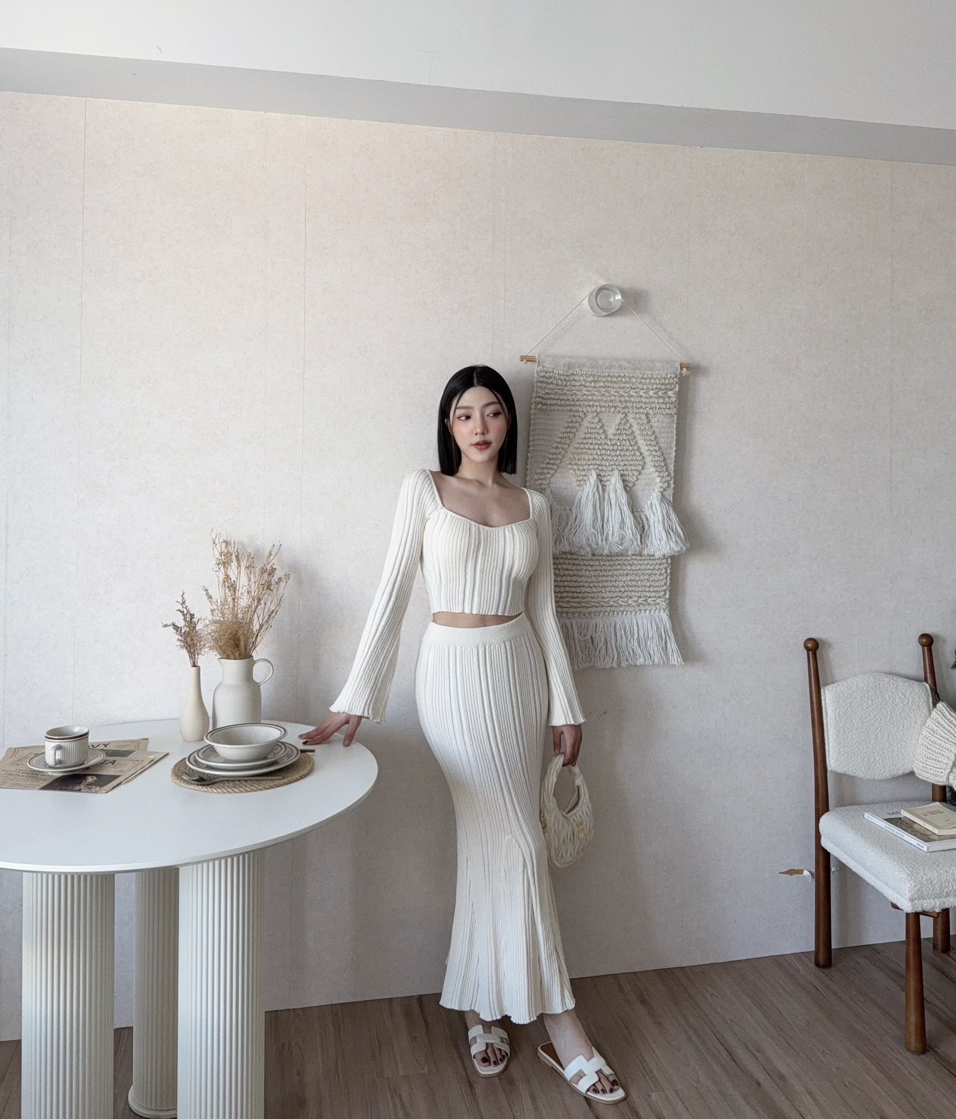 🇹🇼桃心V領針織喇叭袖上衣+魚尾長裙set