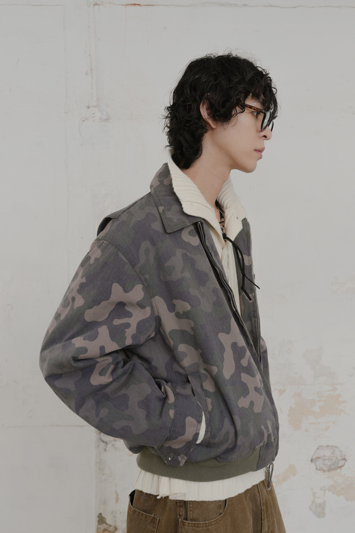 Washed Camo Stand Collar Padded Jacket #外套