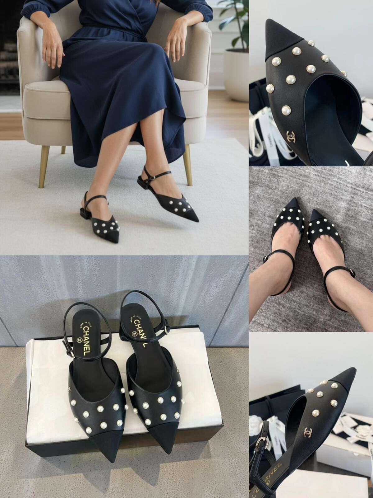 CHANEL 25K尖頭珍珠涼鞋