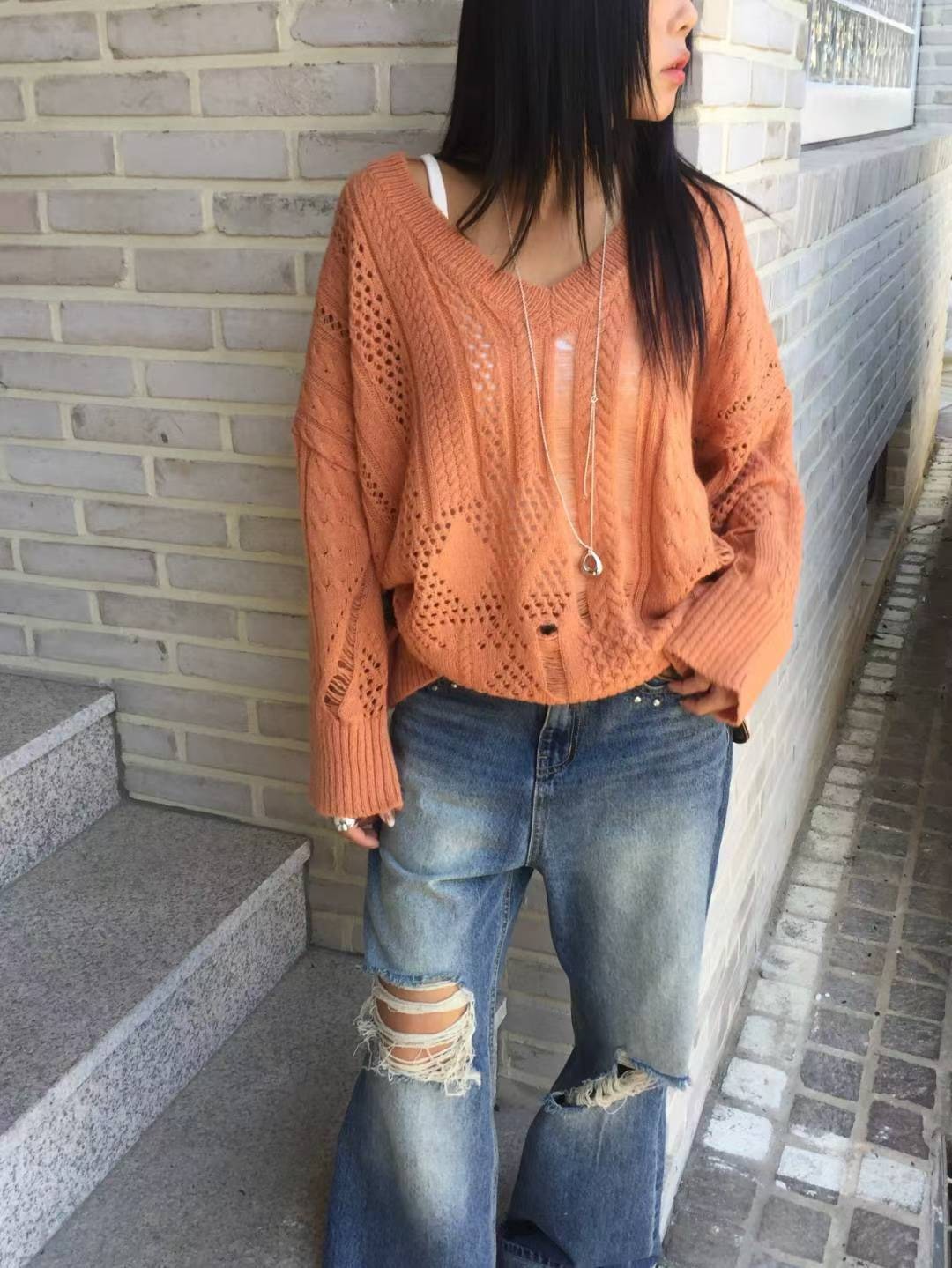 洞洞抽鬚編織上衣