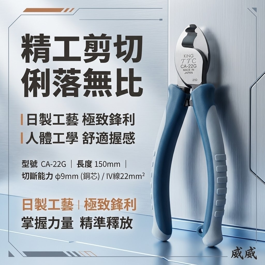 日本製 TTC 角田 TSUNODA｜CA-22G｜160mm 膠柄電纜剪刀 電纜剪 輕量電線剪刀 細線剪鉗
