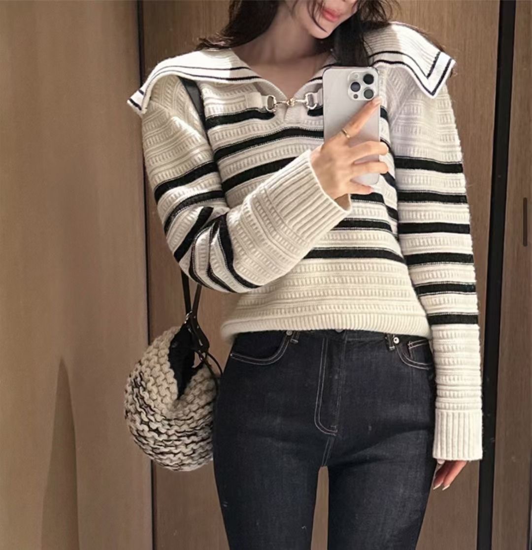 大牌感 - Premium wool 海軍風間紋小金鎖上衣