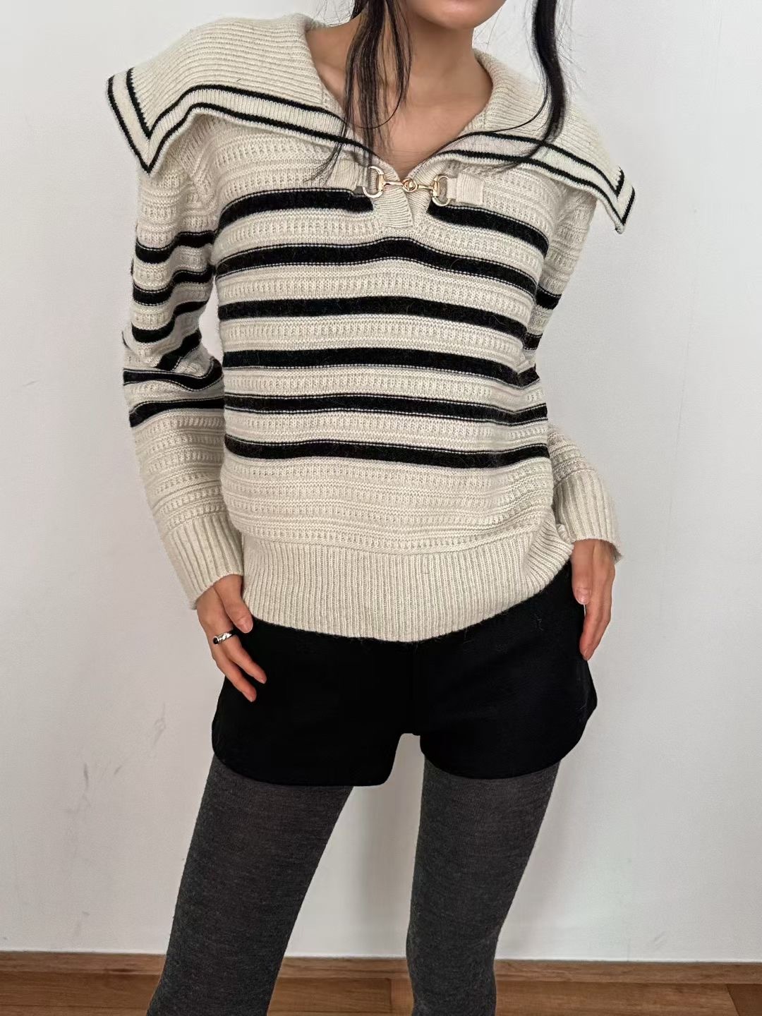 大牌感 - Premium wool 海軍風間紋小金鎖上衣