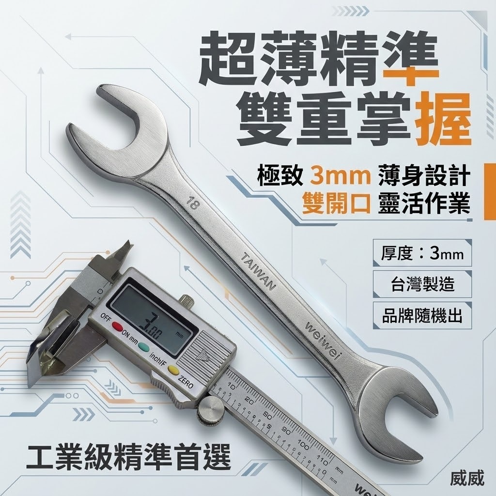 超薄開口板手 厚度約3mm 超薄型開口板手 超薄款雙開口扳手 六角螺絲用板手｜5.5-23mm｜台灣製｜單支