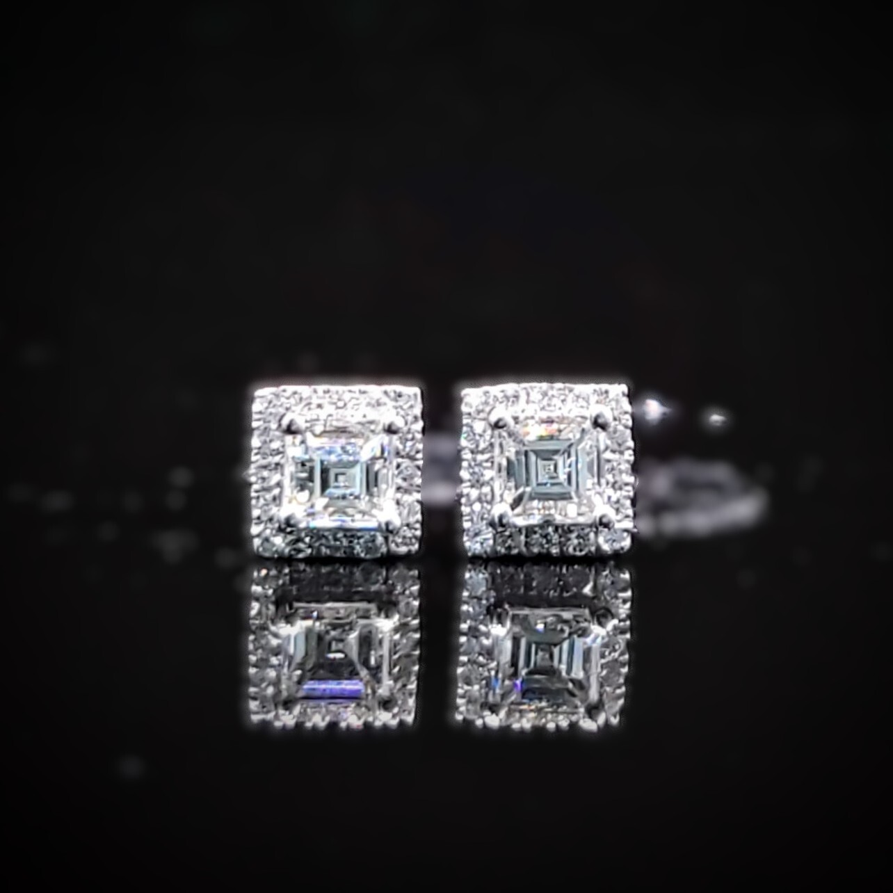 全新18K白金【主石41份方形鑽石】配小鑽共50卡鑽石耳環