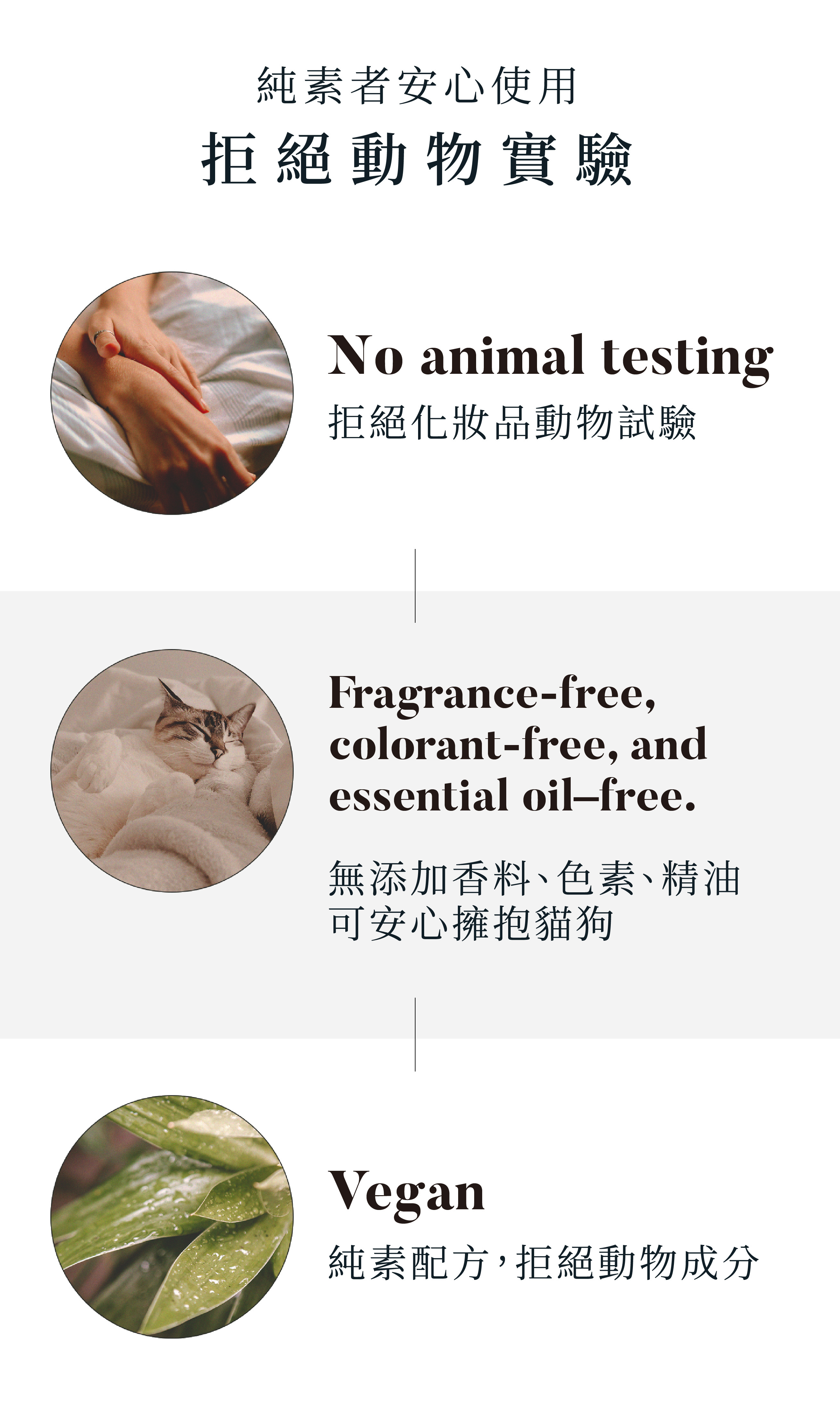 decent rossi產品的製作理念:拒絕化妝品動物實驗,只用Rossi藥師比小老鼠還脆弱的肌膚實驗。無添加香料、色素、精油,可安心擁抱貓狗,減少寵物接觸舔拭造成肝腎負擔。純素配方,拒絕動物成分,認同動物保護理念/純素者請安心使用。