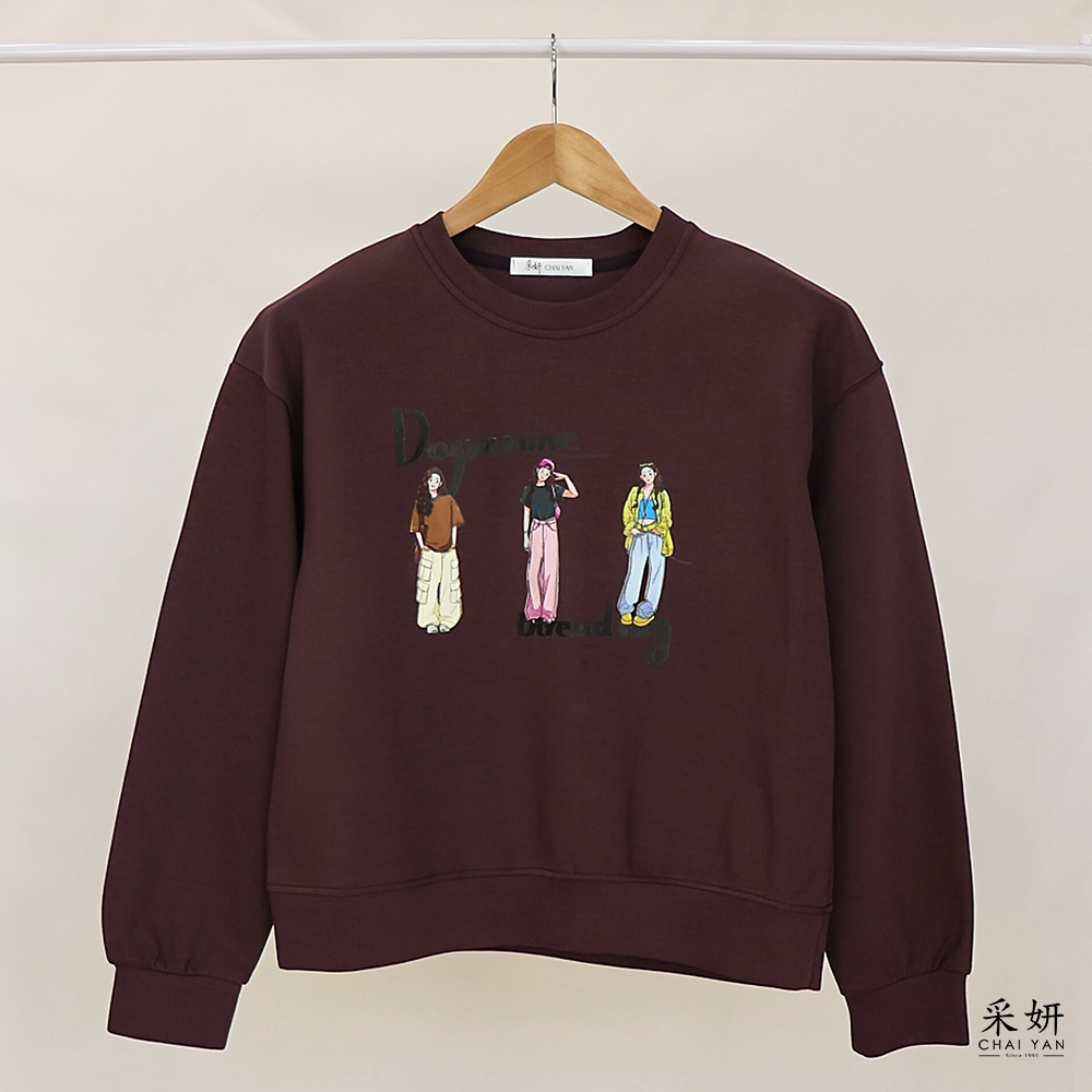 女孩膠印立體皮印花長袖上衣