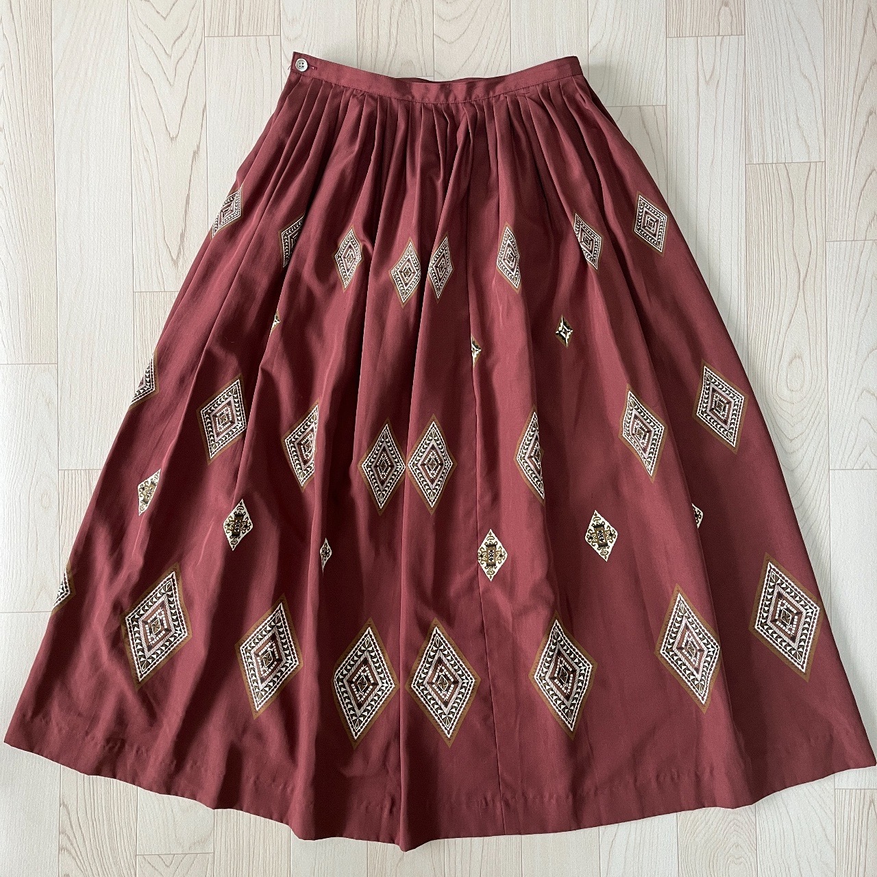 棕紅色菱形圖案古著半裙
