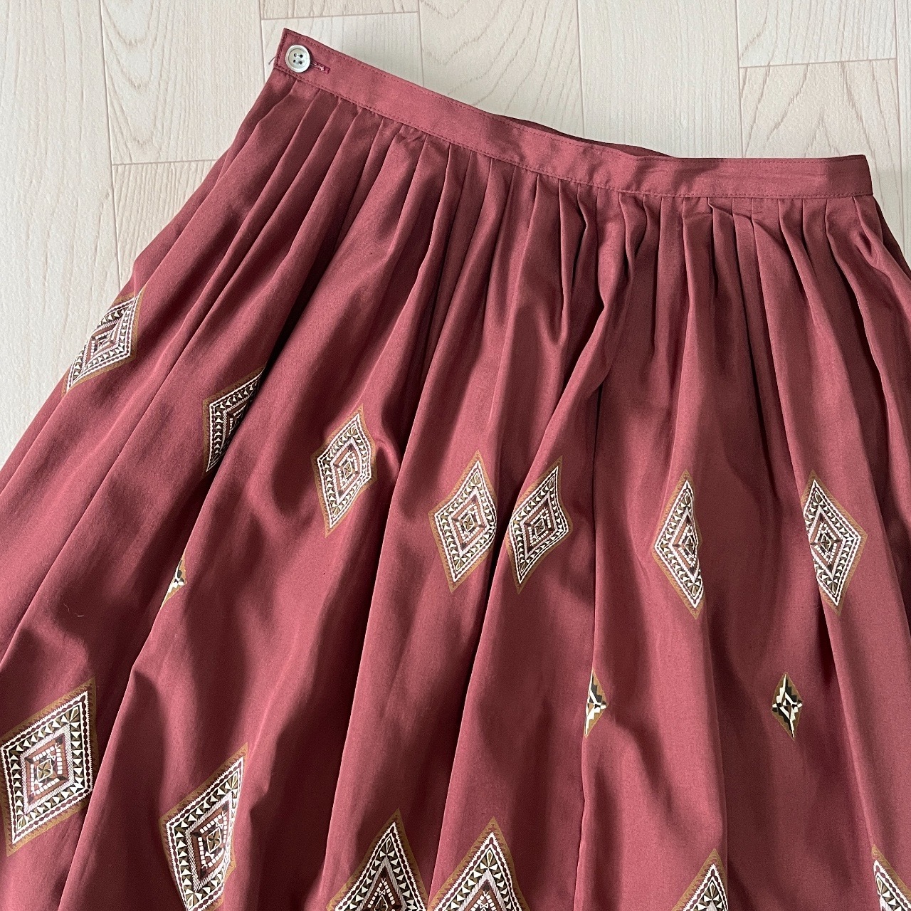 棕紅色菱形圖案古著半裙