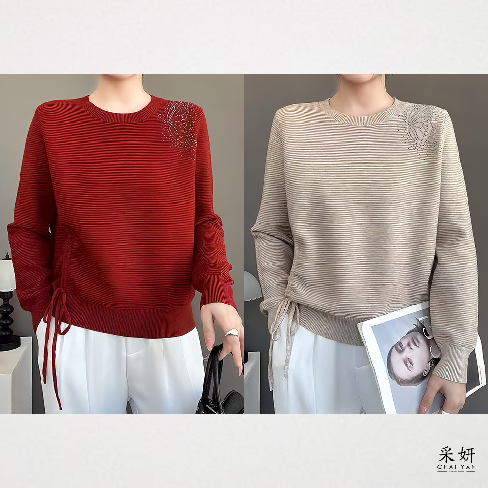 蝴蝶水鑽保暖厚針織長袖上衣