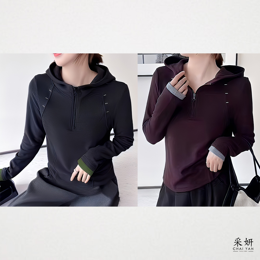 小跳色線絨布連帽長袖上衣