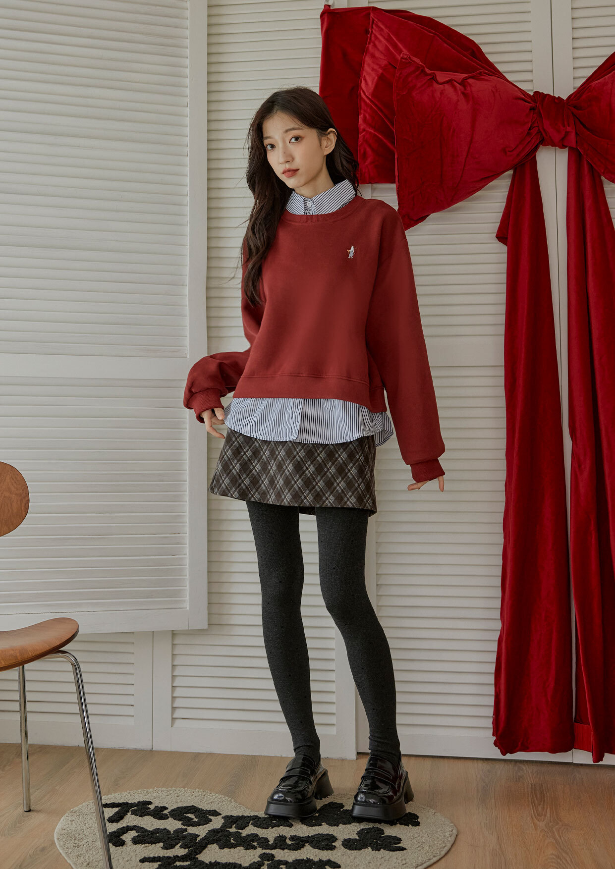 撞色菱格紋毛呢短裙