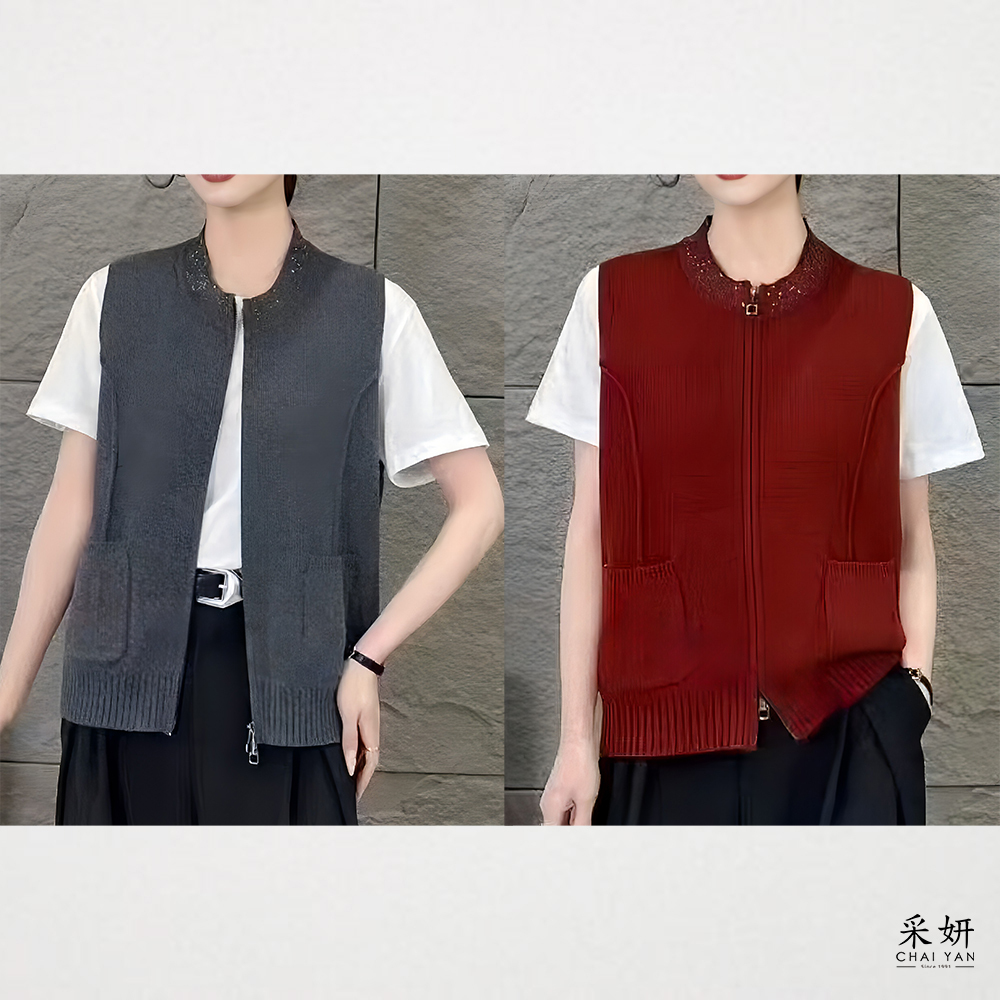 水鑽領拉鍊針織背心