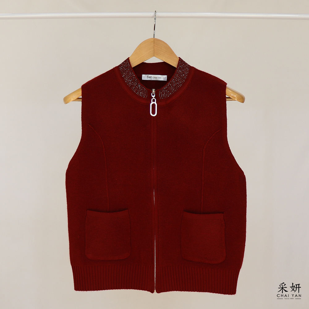 水鑽領拉鍊針織背心