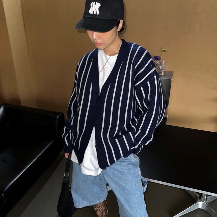 韓國 Madcity 棒球風直條寬身開襟羊毛外套 海軍藍