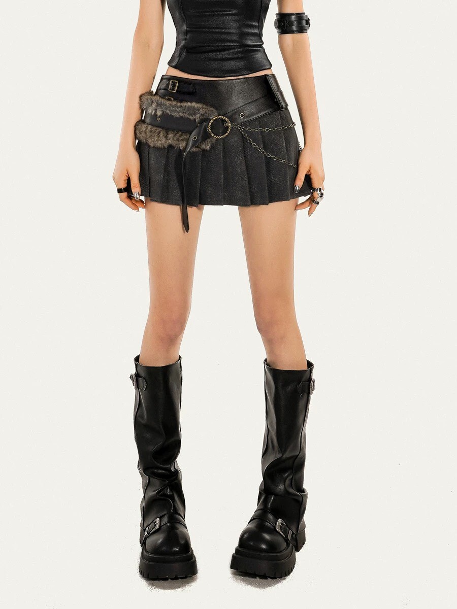 毛毛腰封皮質短裙