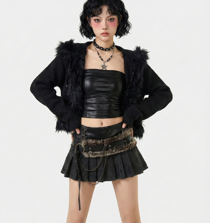 毛毛腰封皮質短裙