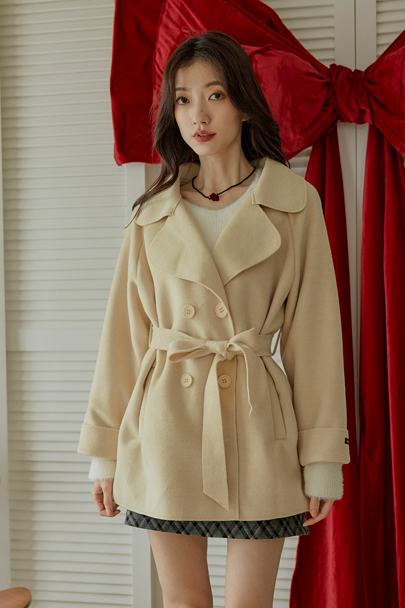 甜美雙排釦毛料外套(附綁帶)