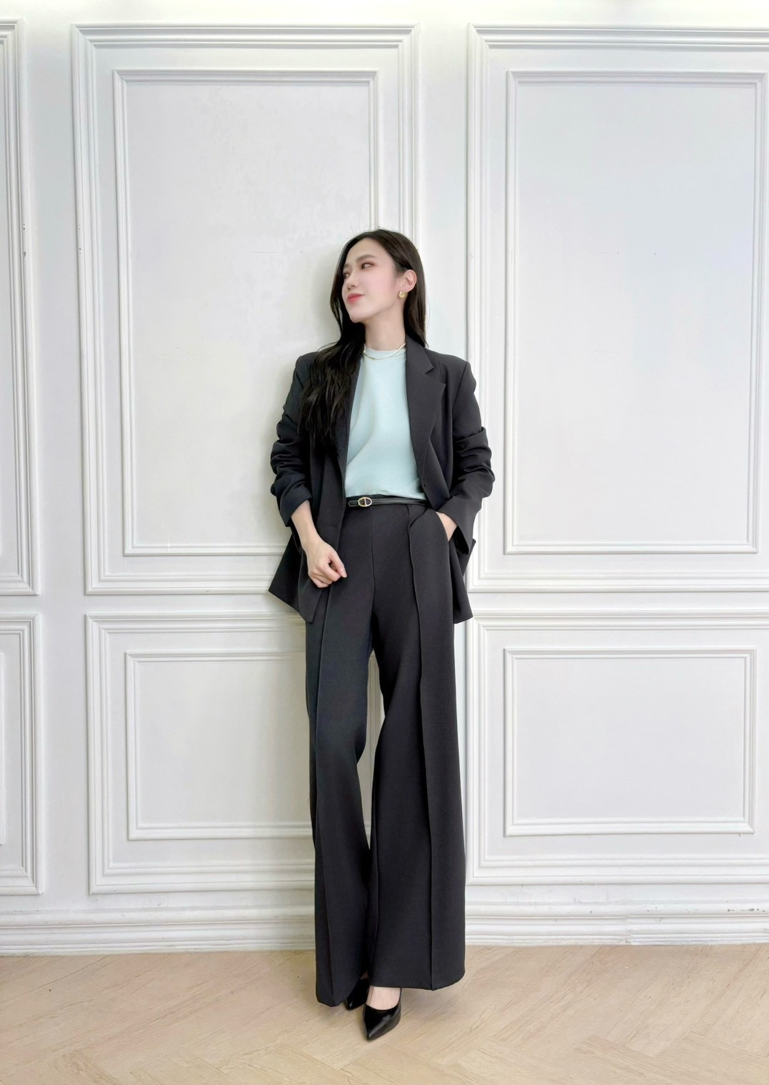 前打褶線寬鬆西裝套裝