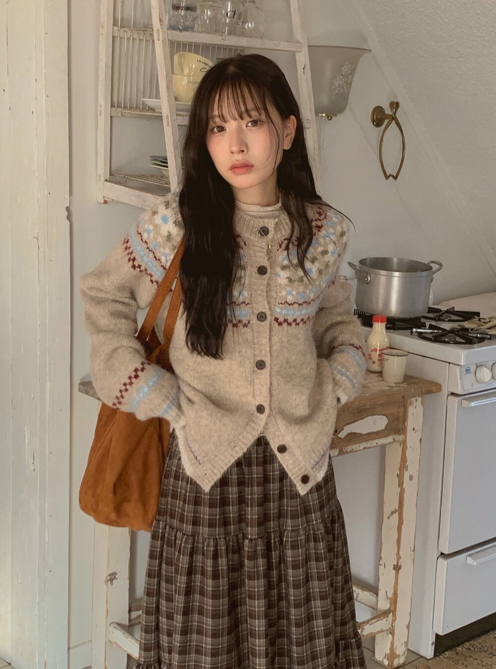 韓國grace muse授權 暖冬可愛緹花大排釦圓領針織衫