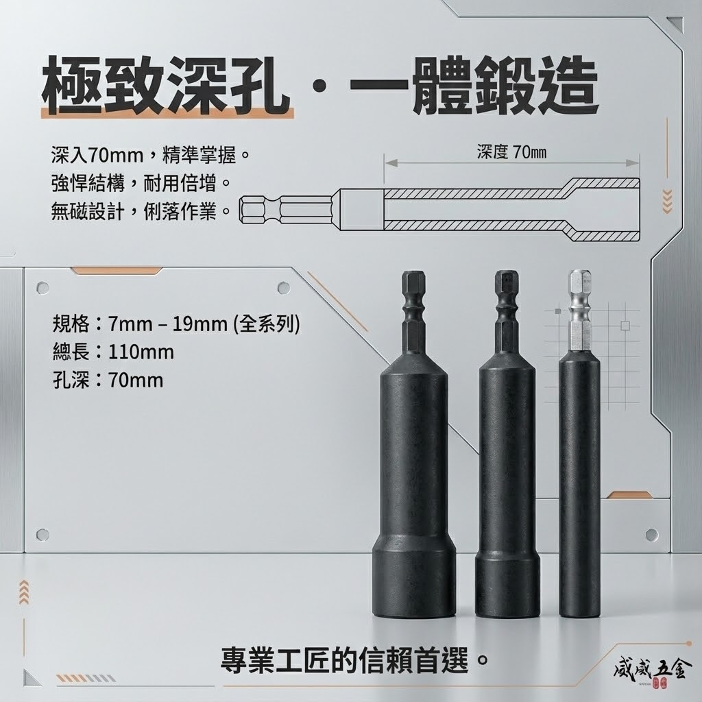 ETEAM 一等 台灣製｜零售 7-19mm 六角軸無磁深孔套筒 長110mm｜六角柄深孔套筒 六角套筒