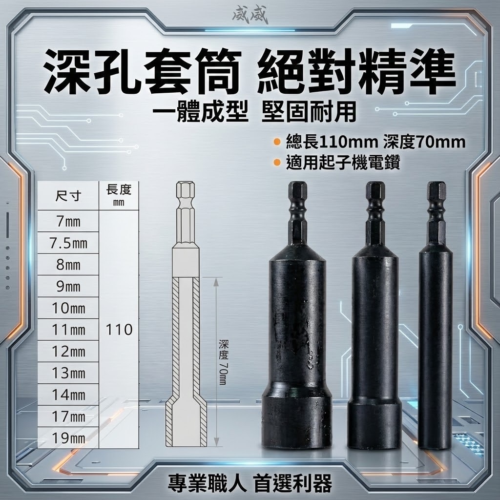 ETEAM 一等 台灣製｜零售 7-19mm 六角軸無磁深孔套筒 長110mm｜六角柄深孔套筒 六角套筒