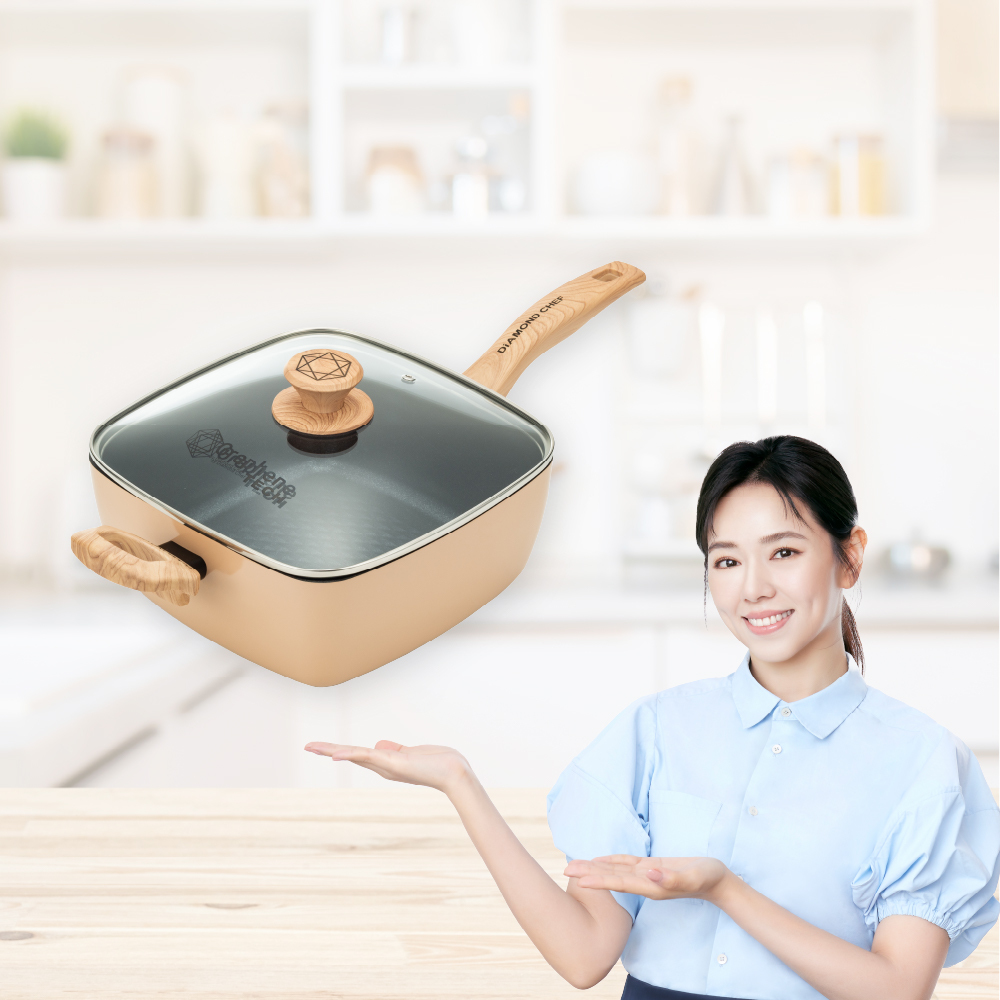 黑金石墨烯不沾方型深炒鍋24cm-奶茶色(附鍋蓋/鍋鏟/炸物籃/IH爐可用)