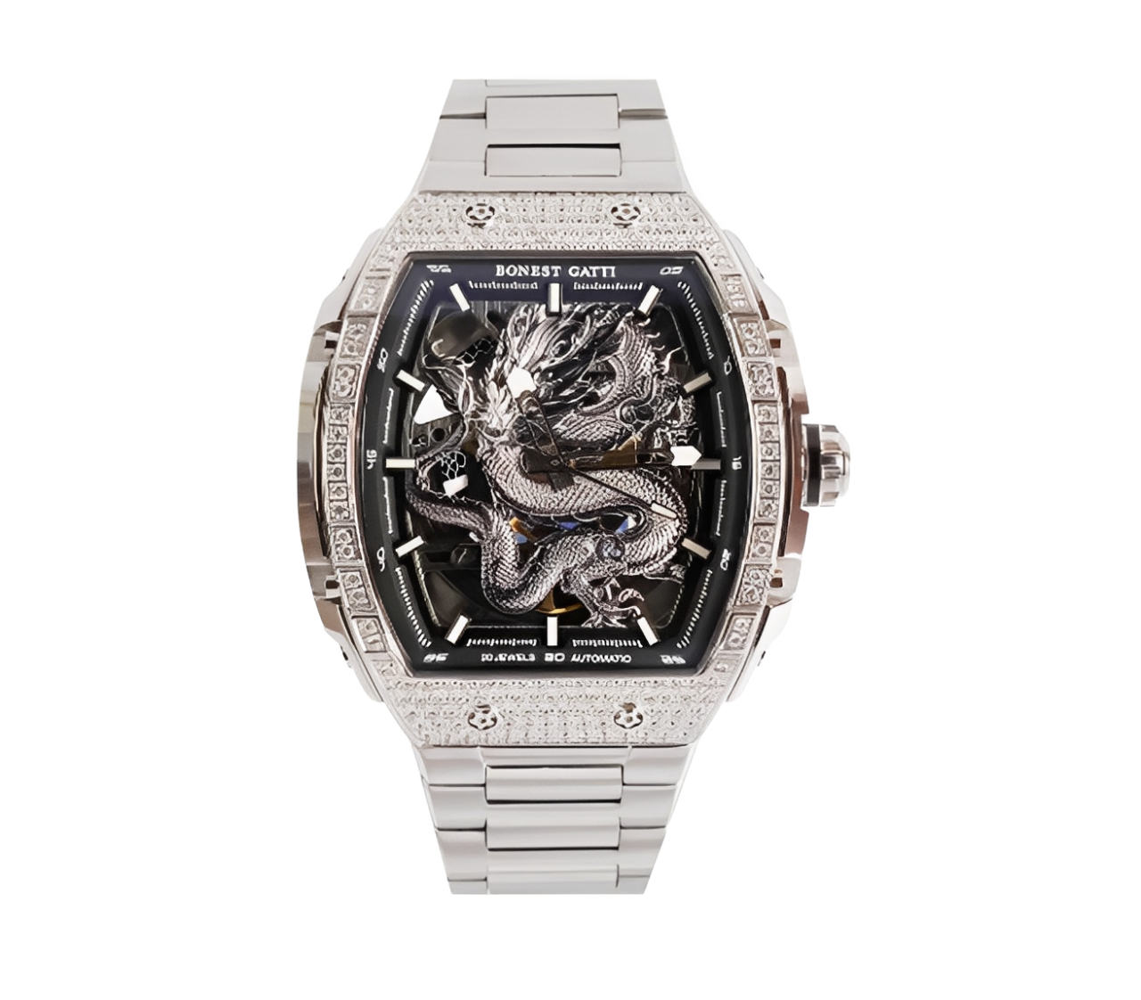 【Bonest Gatti 布加迪】騰龍魅影系列 BG5605-S 酒桶款 晶鑽錶圈 動能儲存 立體鏤空錶盤 夜光 不鏽鋼 機械 手錶 -*