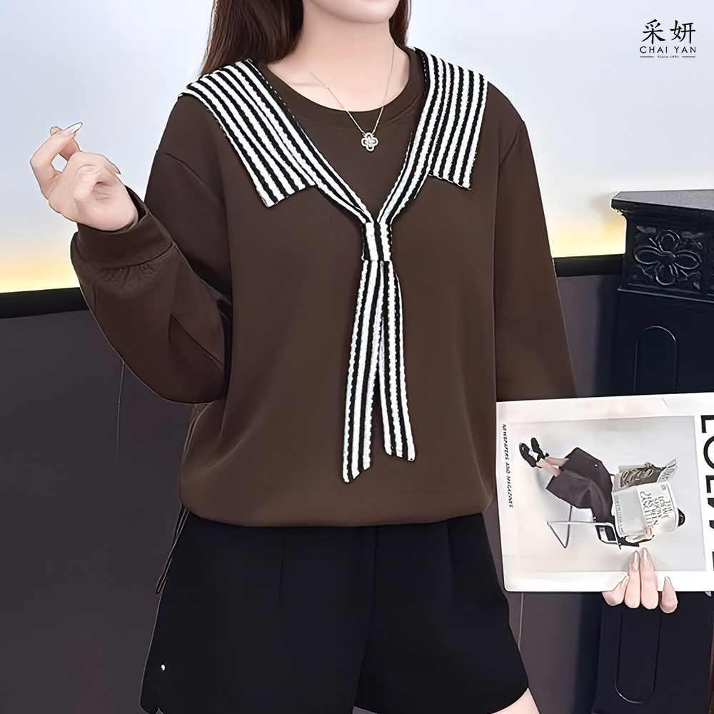 假條紋領巾空氣棉長袖上衣