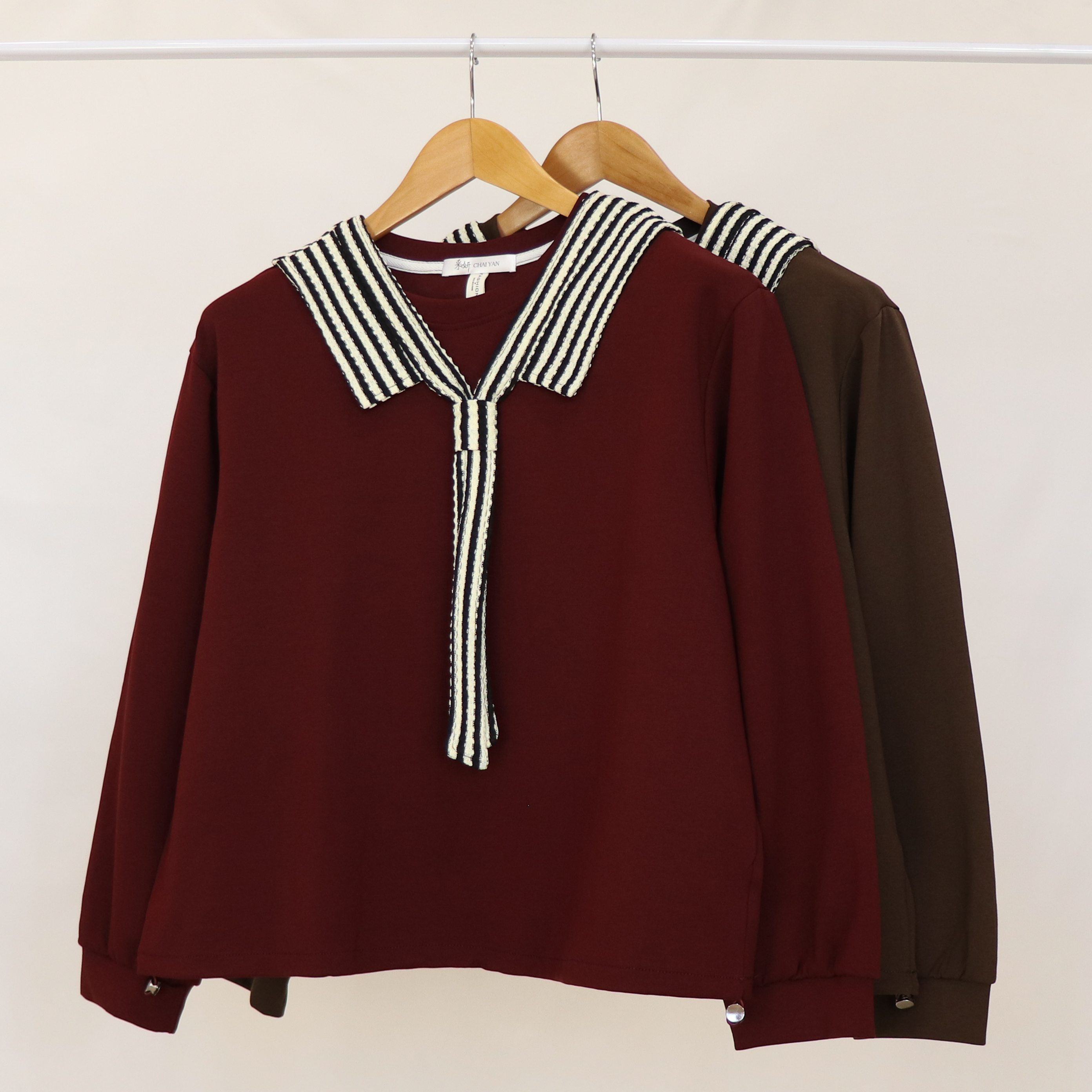 假條紋領巾空氣棉長袖上衣