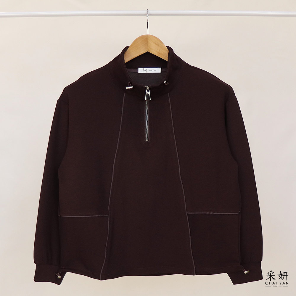 立領拉繩壓線長袖上衣